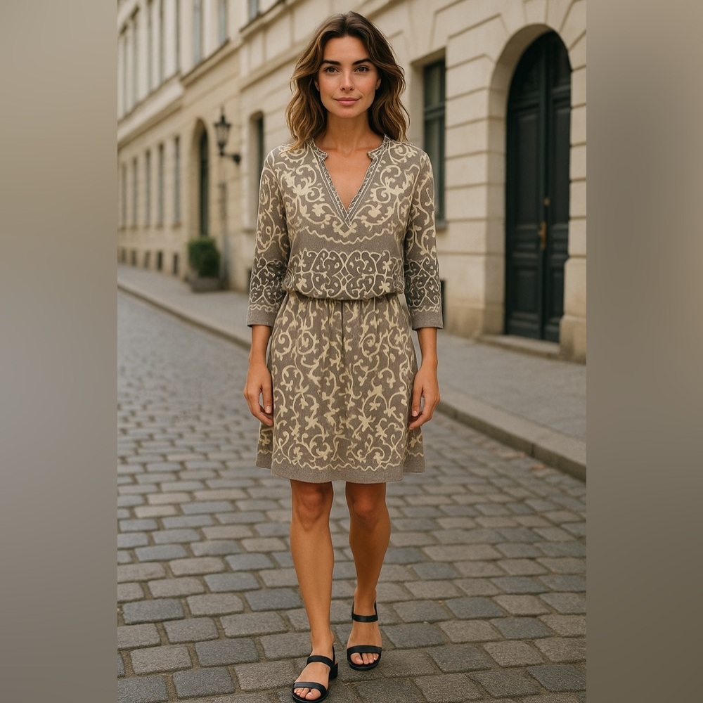 Vivian Tam Belted Abstract Design Dress | Neutral Color Scheme | Size M